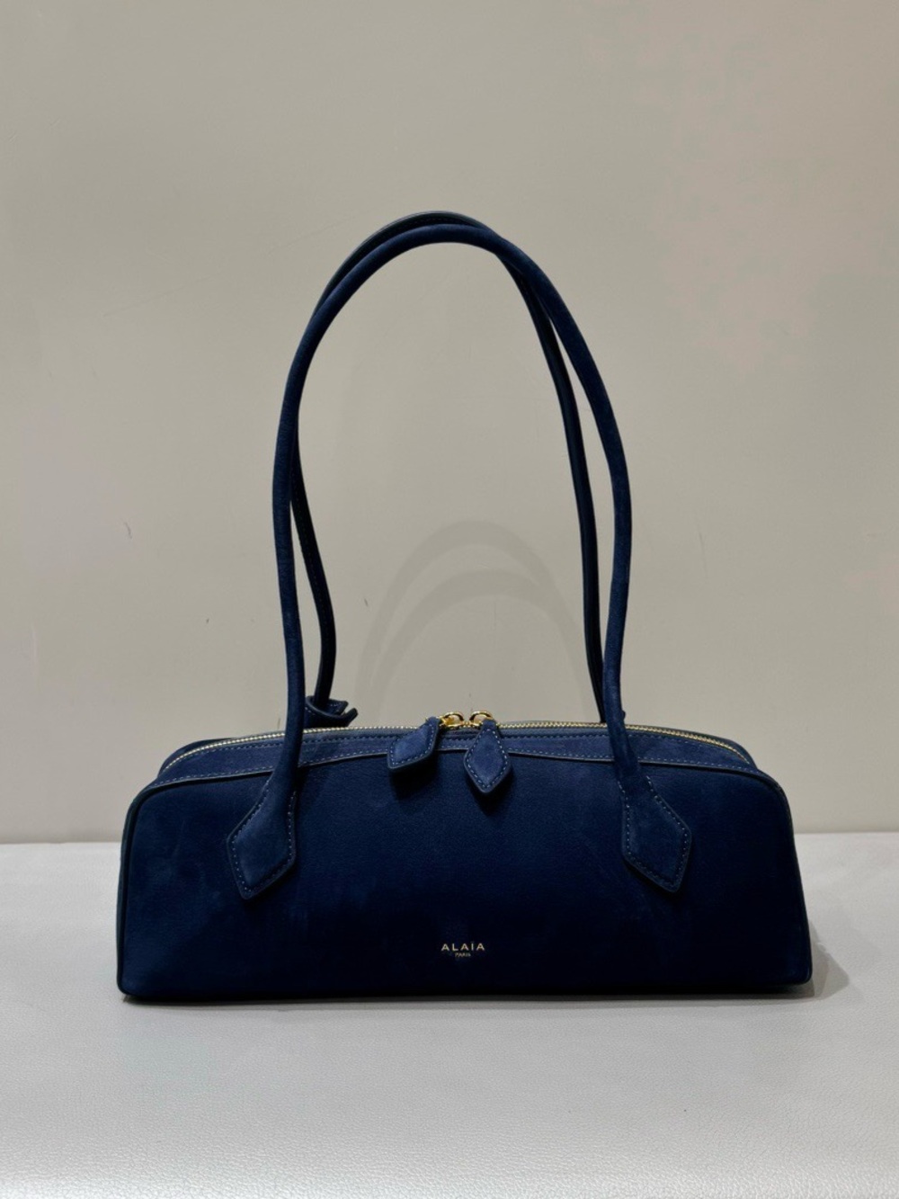 Alaia Navy Suede Shoulder Bag with Gold Zipper